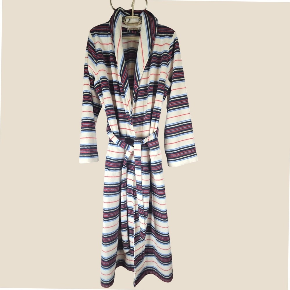 LL Bean Robe Women Medium Striped Fleece Belted Shawl Collar Long Bathrobe Plush
